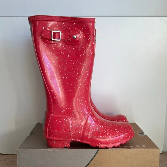 Hunter Original Tall Pink Glitter Buckle Boots Kids - SZ 3 Boy/ 4 Girl - Picture 2 of 8